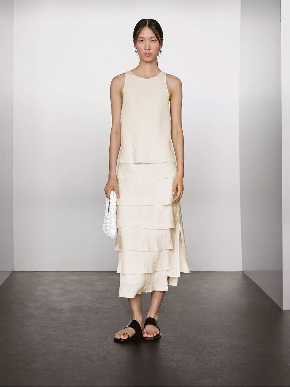 Massimo Dutti Cream Tiered Ruffle Midi Dress